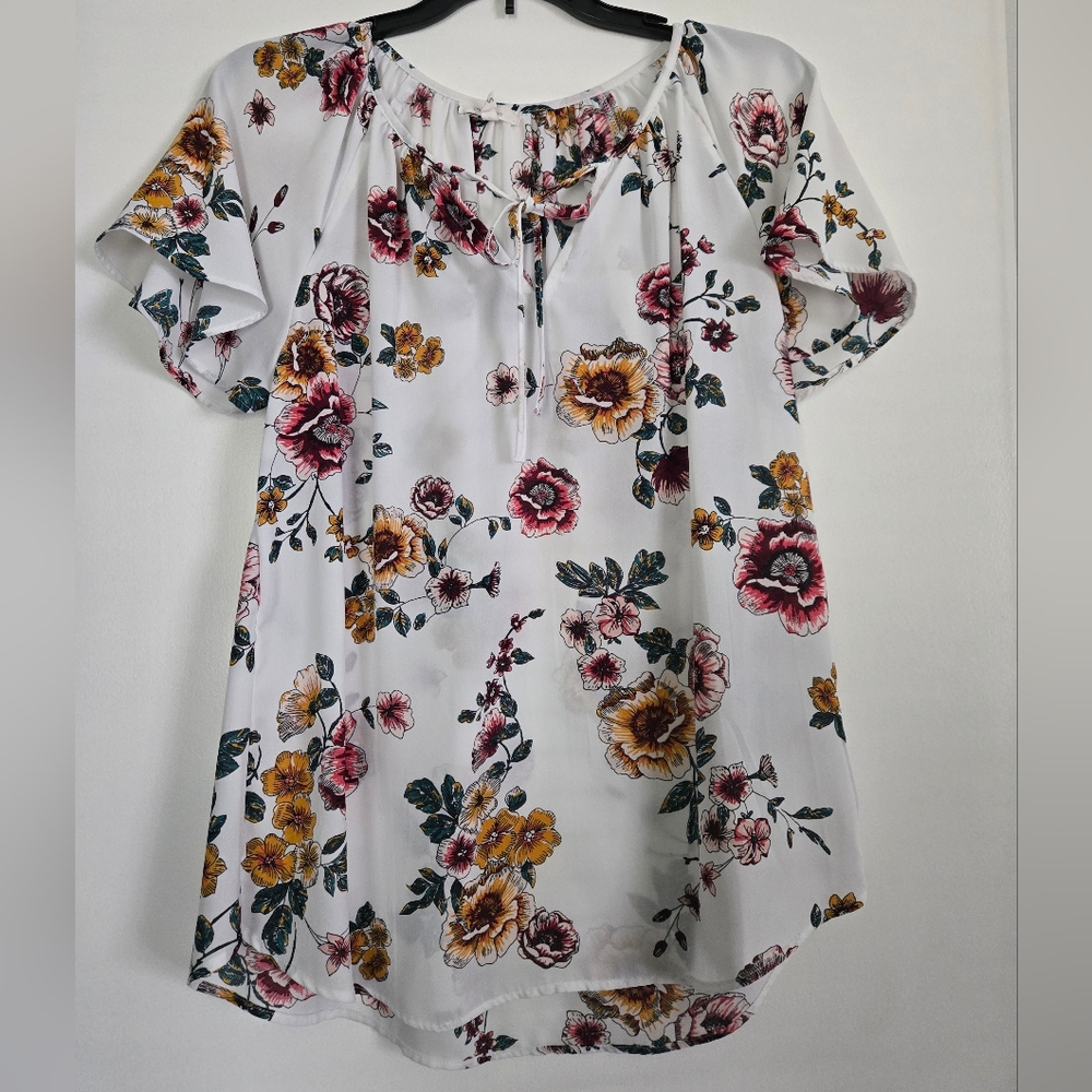 Maurices White Floral Blouse with Red and Yellow Accents